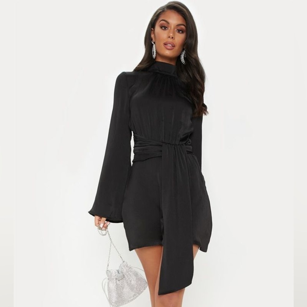 Black Hammered Satin Drape High Neck Shift Dress
